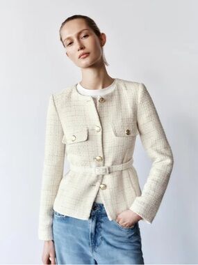 NWOT ZARA Belted Woven Cream Jacket with Gold Button